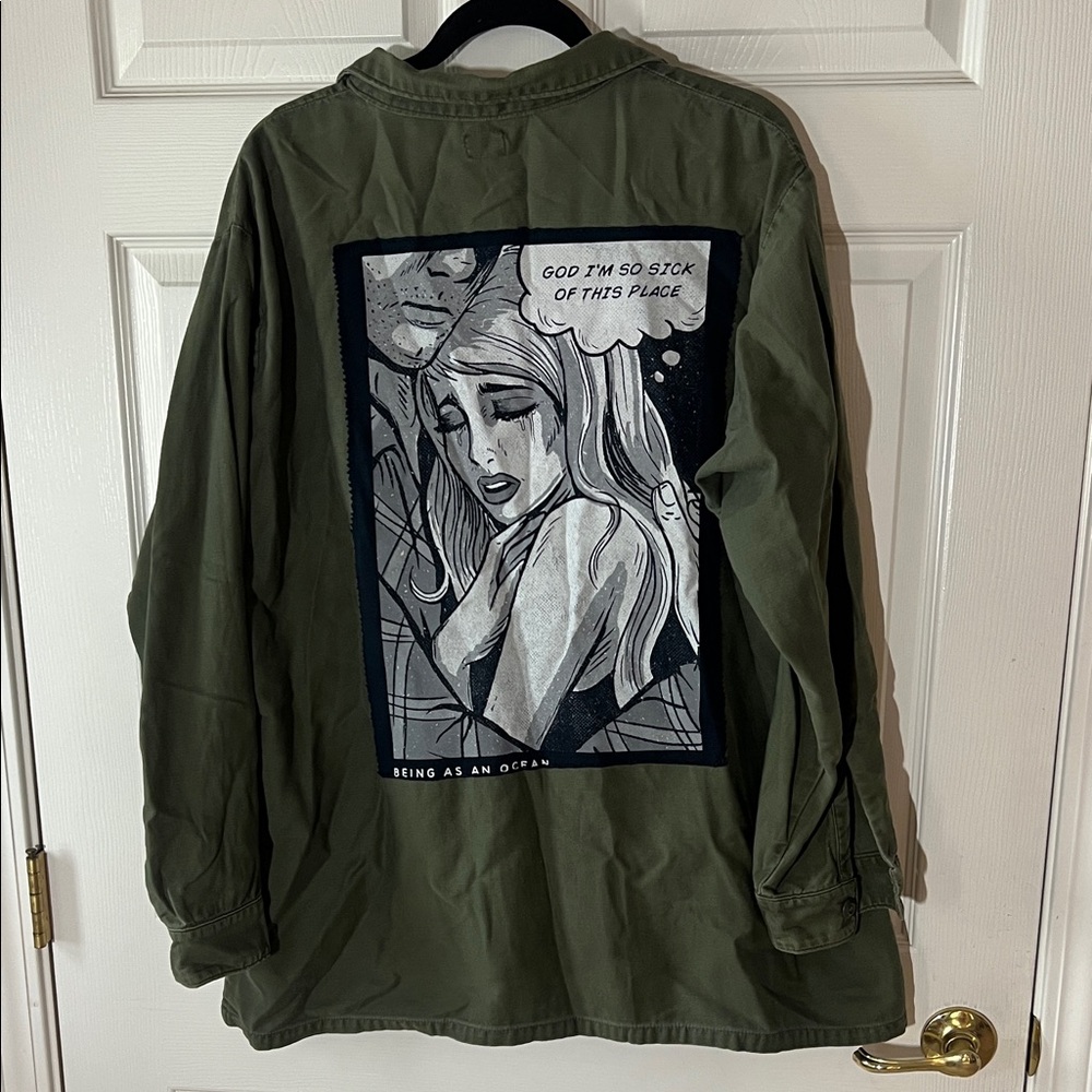 Vintage OOAK Olive Green Army Military Jacket Graphic‎ Patch Back, Sz XXL